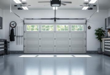 Modern organized garage interior with storage cabinets and upgraded garage door in Chicago, IL