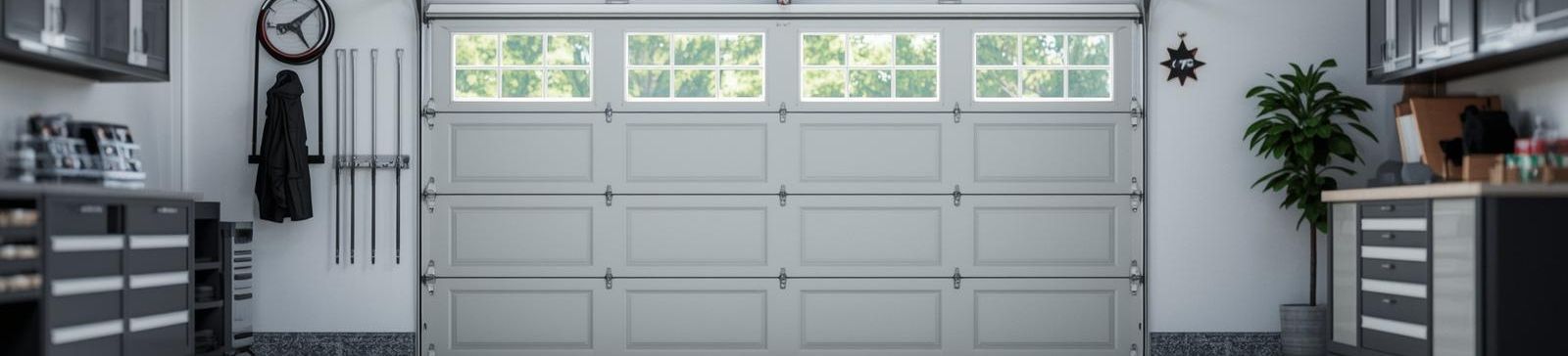 Modern organized garage interior with storage cabinets and upgraded garage door in Chicago, IL